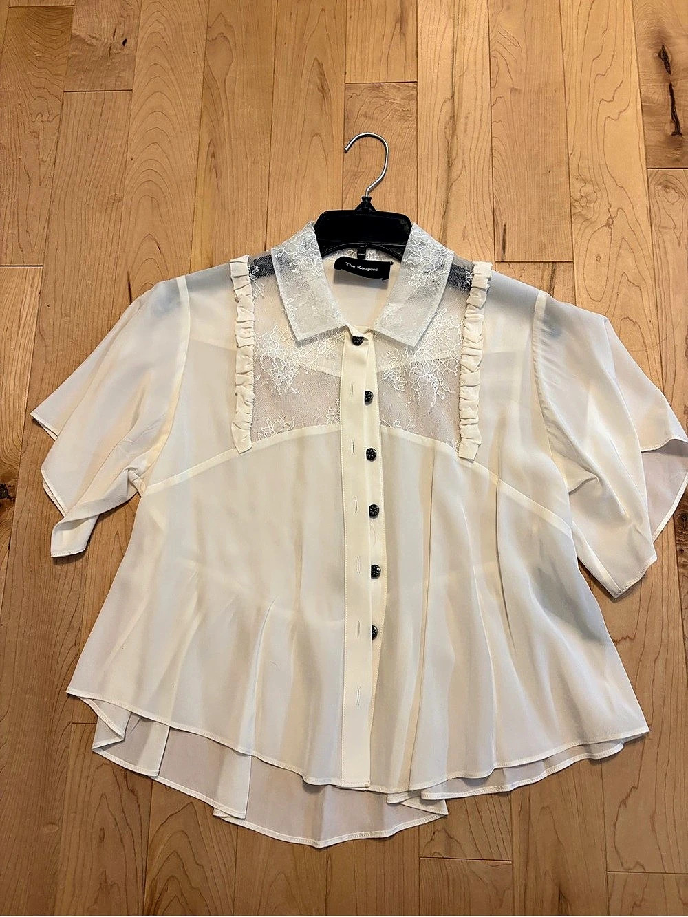 The Kooples Sheer Lace Ruffle Blouse in White Like New